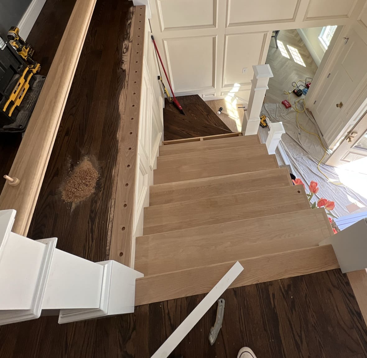 Stair repair with new oak treads, balusters, handrail and newel post